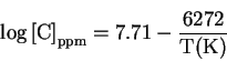 \begin{displaymath}\log {\left[ \mathrm{C} \right]}_{\mathrm{ppm}}=
7.71-\frac{6272}{\mathrm{T(K)}}\end{displaymath}