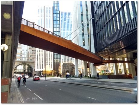 Weathering steel, Corten, rust pedestrian bridge, near the old wall of London